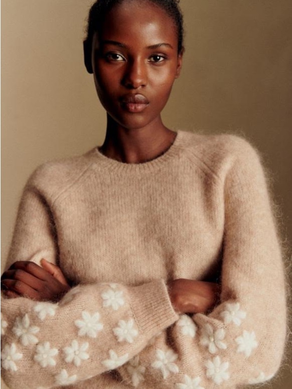 Sezane Blush Crewneck Sweater with White Floral Sleeves